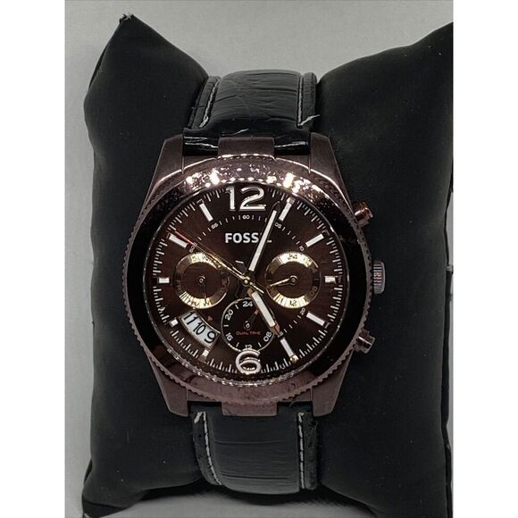 Fossil BQ1108 Men's Black Leather Analog Brown Dial Quartz Genuine Watch XR833 - Picture 1 of 12
